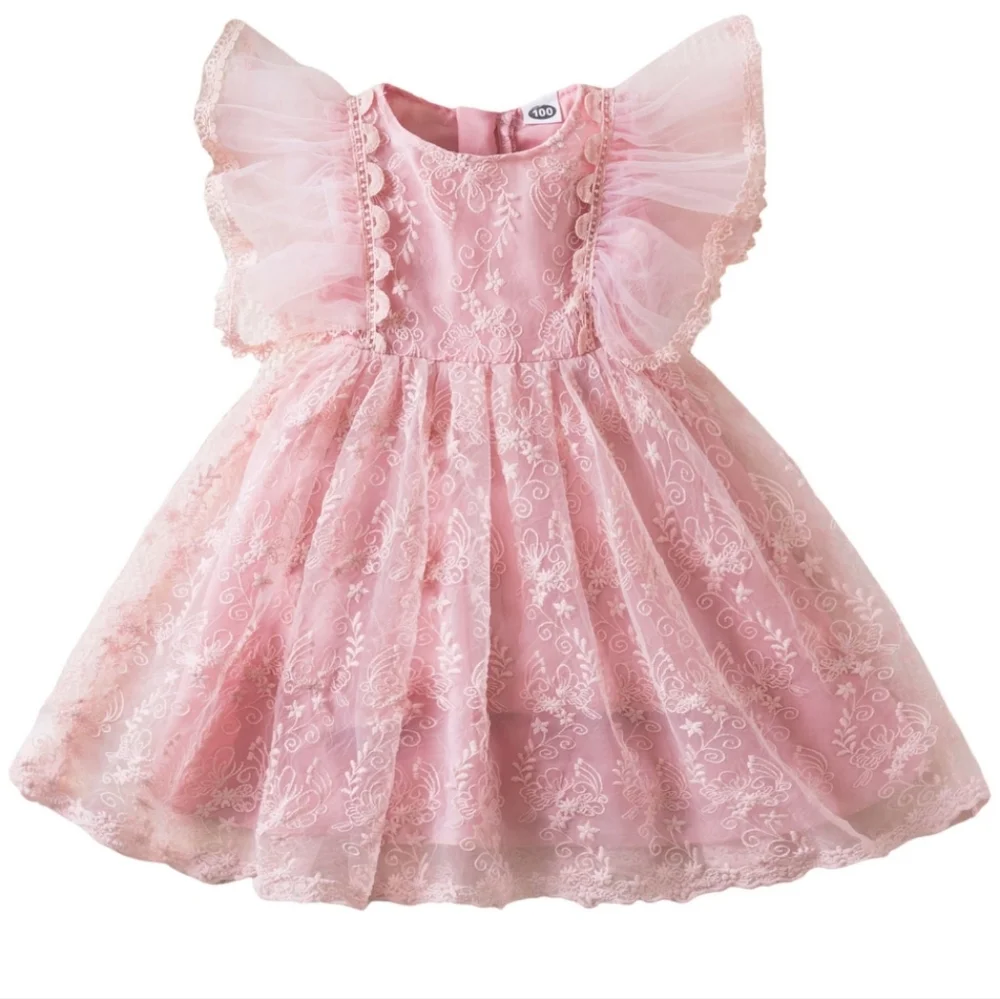 Elegant Girls Lace Tulle Fairy Floral Embroidered Ruffle‎ Trim Rear Zipper Dress
